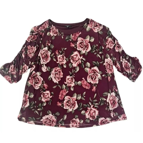 Cocomo Top Women 2X Red Round Neck Floral Pullover Stretch Roses Feminine Ruched - Picture 1 of 10